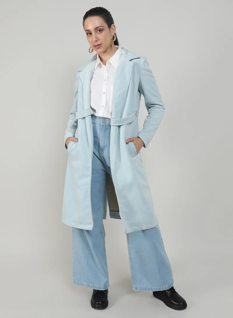 كامبوس سوترا Women's Baby Blue Belted Long Coat For Casual Wear | Lapel Collar | Long Sleeve | Button Closure | Long Coat Crafted With Comfort Fit For Everyday Wear